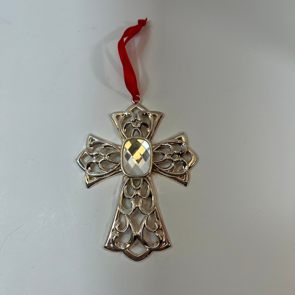 Lenox Silver Tone Metal Scroll Filigree Cross Ornament with Clear Crystal 4.25in
